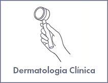 Ilustração minimalista de uma mão segurando um dermatoscópio, com o texto Dermatologia Clínica na parte inferior.