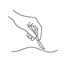 Desenho minimalista de uma mão segurando um bisturi sobre linha simbolizando uma pele.