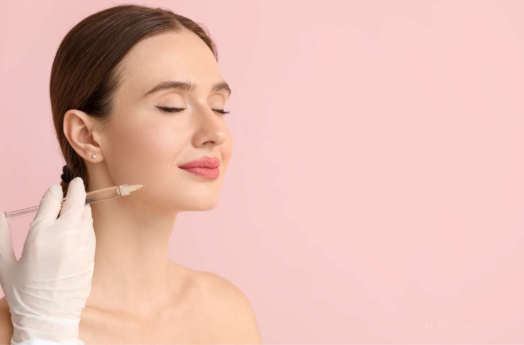 Fotografia mostra uma mulher com expressão relaxada e olhos fechados enquanto profissional aplica injeção próxima à mandíbula, ilustrando procedimento de intradermoterapia facial.